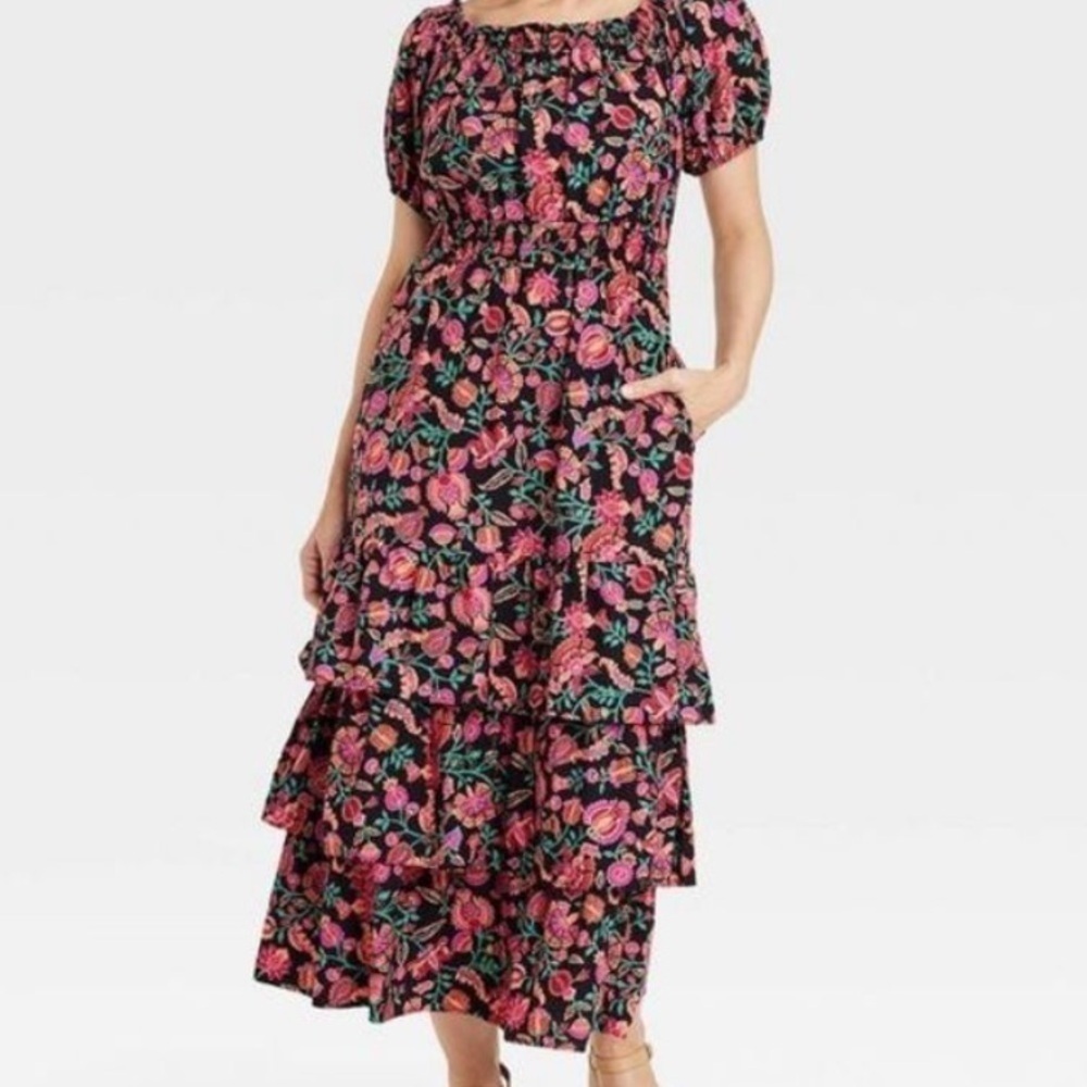 Women's Short Sleeve A-Line Dress - Knox Rose Heather Black Floral L NWT